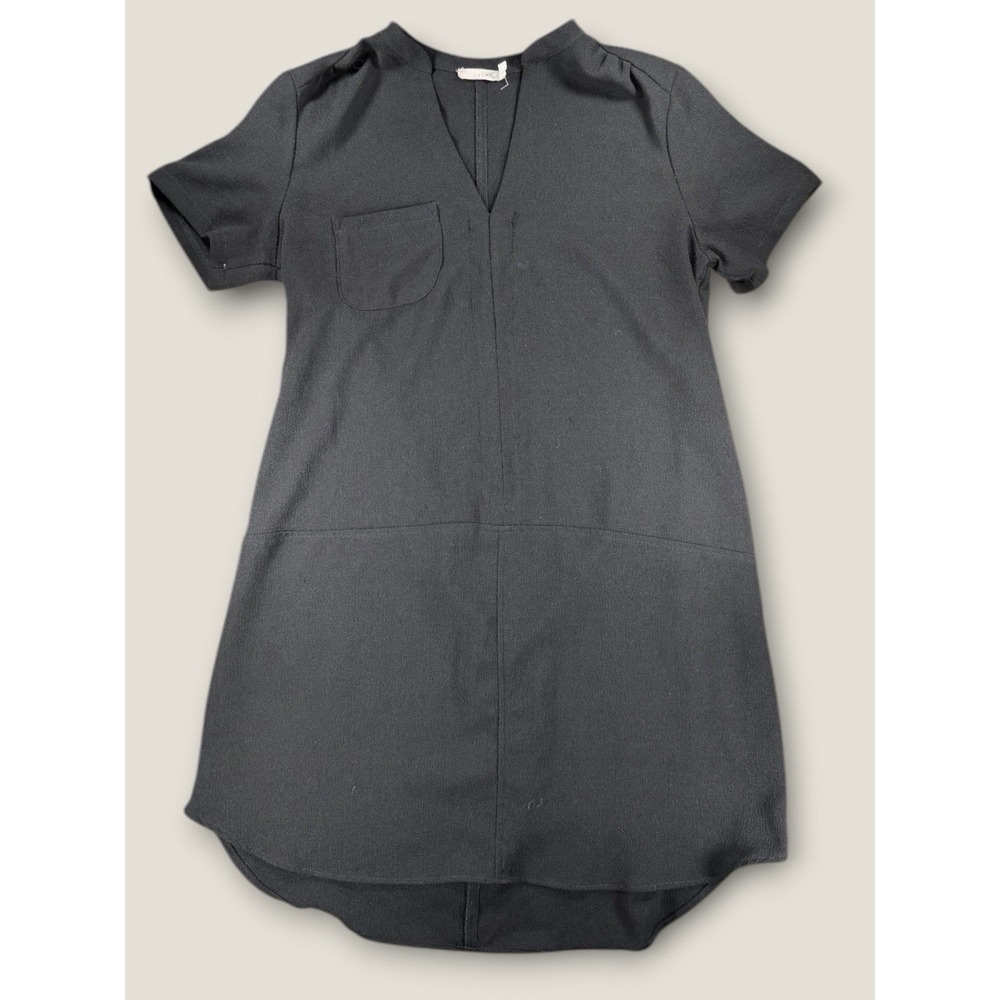 LUSH‎ Black V-Neck Shift Dress Large Short Sleeve Crepe Texture Pocket Mini